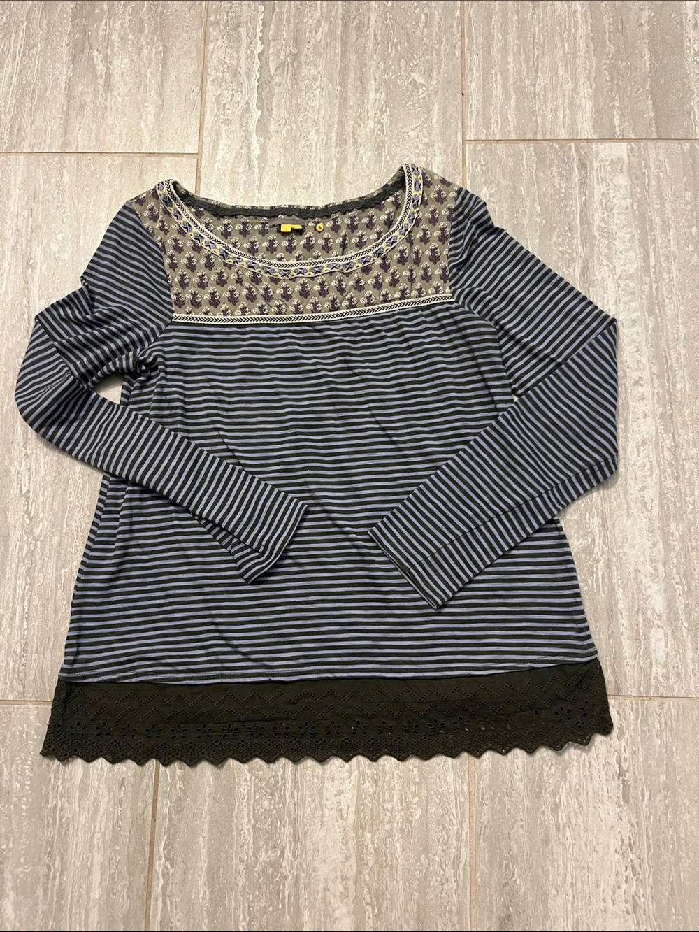 Anthropologie Green and Light Blue Striped Long-Sleeve Tee with Olive Lace Hem